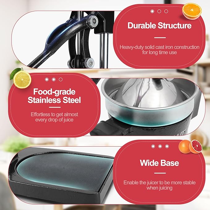 18 Inch Height Commercial Heavy Duty Cast Iron Hand Press Manual Orange Citrus Lemon Lime Grapefruit Pomegranate Fruit Juice Squeezer Machine with Stainless Steel Cup and Durable Base Black
