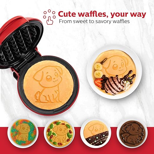 Holstein Housewares Puppy Personal Waffle Maker – Dog-Shaped, 4-Inch Non-Stick Red Mini Waffle Iron for Fun Breakfasts, Kids & Pet Lovers