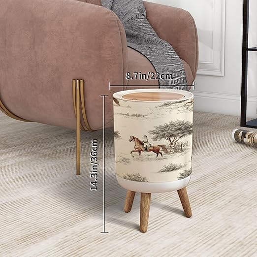 Trash Can with Lid Boho Modern Equestrian Art Vintage Horse Riders Trees Fences Scenes Press Top Round Small Garbage Bin with Wooden Legs Waste Basket for Kitchen Bedroom Nursery 7L/1.8 Gallon