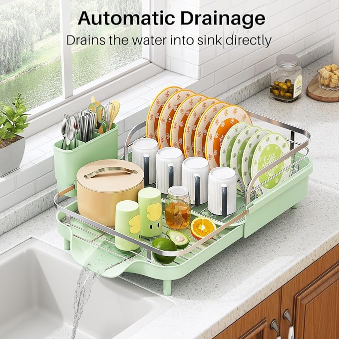 SAYZH Dish Drying Rack - Expandable Dish Rack for Kitchen Counter, Rust-Resistant Dish Drainer with Utensil Holder and Raised Guardrail, Kitchen Organizer for Cup and Bottle (Green)