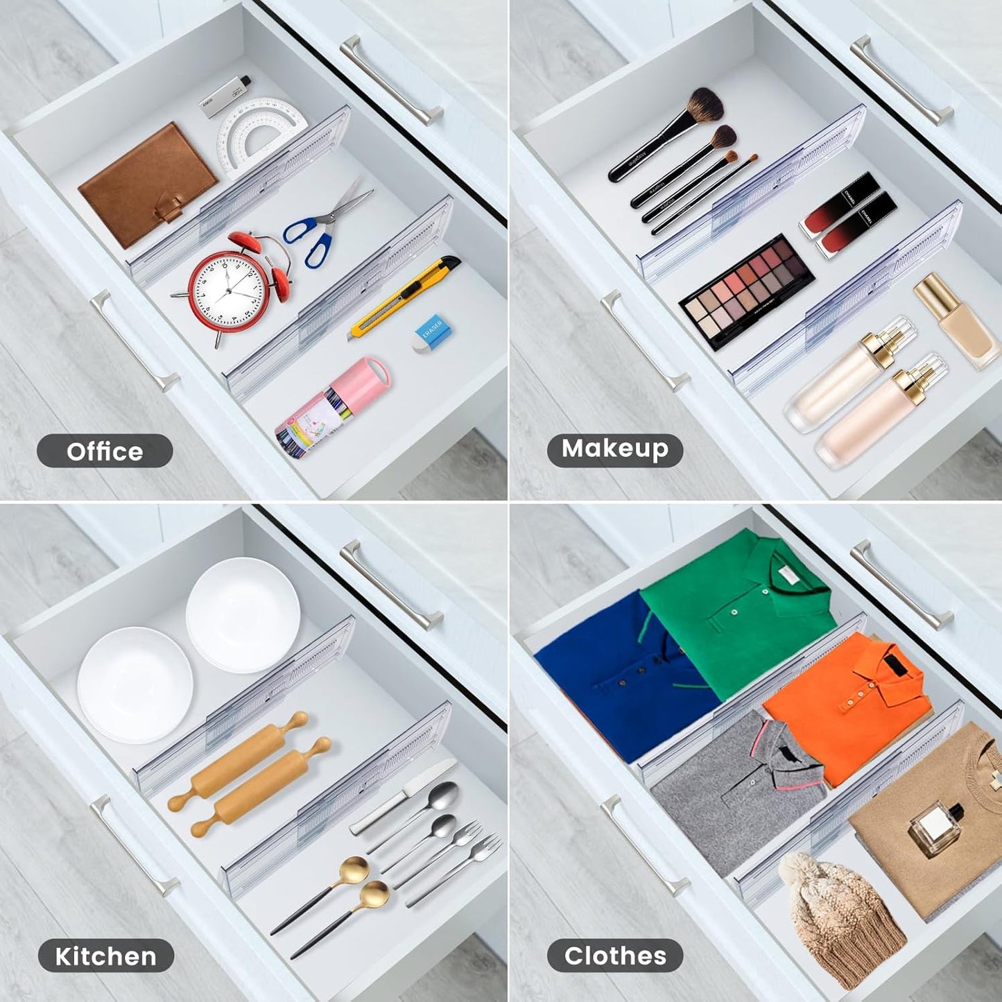 4 Pack Adjustable Drawer Dividers for Clothes,5" High Expandable From 13-22" Clear Drawer Organizers, PC Plastic Separators for Dresser/Bedroom/Bathroom/Kitchen/Office Storage