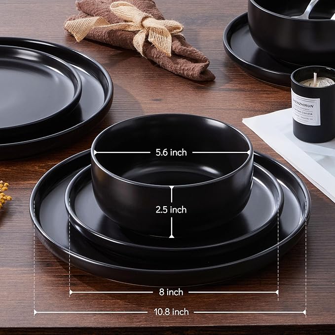 E-far Stoneware Dinnerware Sets for 2, 6-Piece Plates and Bowls Set, Modern Ceramic Dishes Dinning Ware, Microwave & Dishwasher Safe - Matte Black
