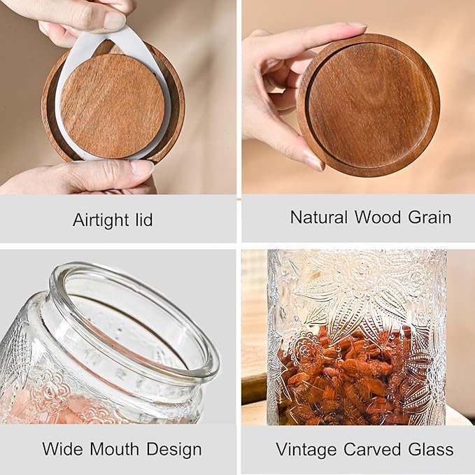 Adodeen 32oz Vintage Glass Jars With Lids, Airtight Food Storage Containers, Kitchen Canisters For Sugar, Coffee, Tea, Spice, Flour, Candy Cookie, Pasta, Cereal, Cute Decorative Jars