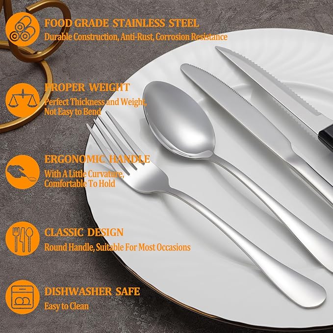 24 Pcs Silverware Set with Steak Knives Service for 4,Stainless Steel Flatware Set,Mirror Polished Cutlery Utensil Sets,Home Kitchen Eating Tableware,Include Fork Knife Spoon,Dishwasher Safe