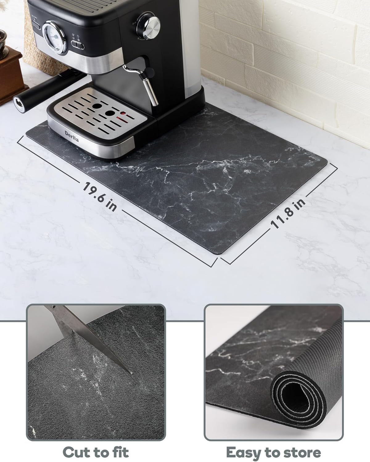 SUEH DESIGN Coffee Mat, Absorbent Dish Drying Mat 19.6 x 11.8 in Quick Dry Coffee Mat Large Drying Mats for Kitchen Counter Coffee Bar, Marble Black