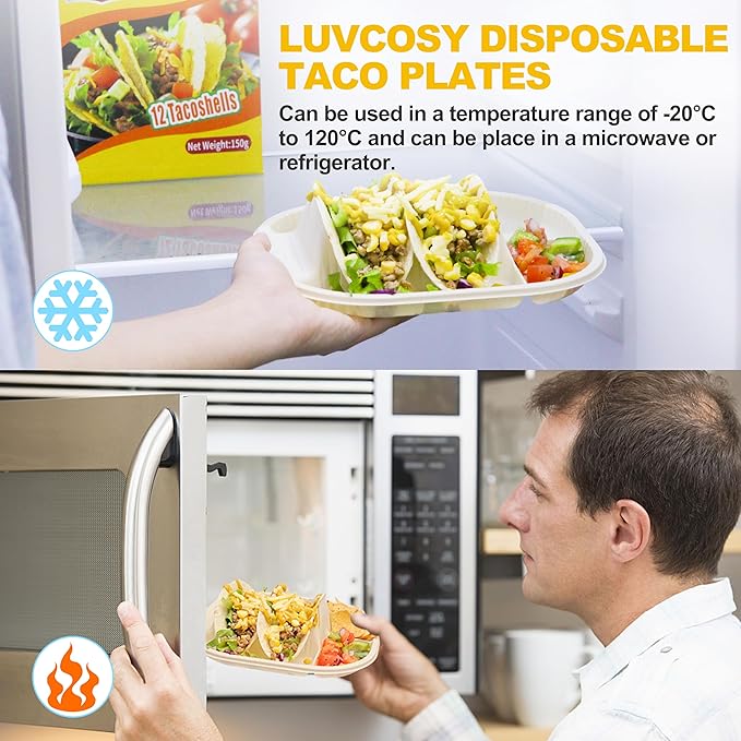 Small Disposable Taco Plates With Dipping Sides - 100 Pack, Biodegradable Cornstarch Taco Holder, Mini Size Fit 4-6 Inch Street Tortilla Shells, Sturdy & Microwave Safe, Bar Serving Set For A Party