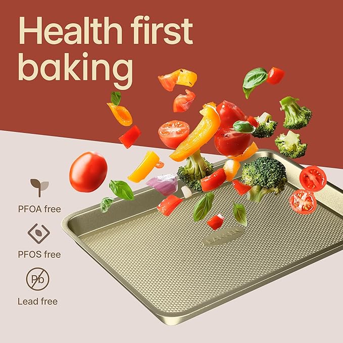 Diamond Bottom Cookie Sheet Set of 3, Nonstick Gold Carbon Steel Baking Pans for Crisp Baking, Space-Saving Stackable Trays, PFOA, PFOS, PTFE Free, Oven Safe Up to 450°F, Small, Medium & Large Sheets