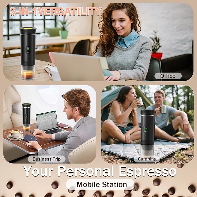 Portable Battery Espresso Coffee Maker for Travel - 20 bar Mini Car Espresso Machines, 3-in-1 Self-Heating Electric Espresso Maker, USB-C Ground Coffee & Capsule Pod(Ns&DG) RV, Hiking, Office