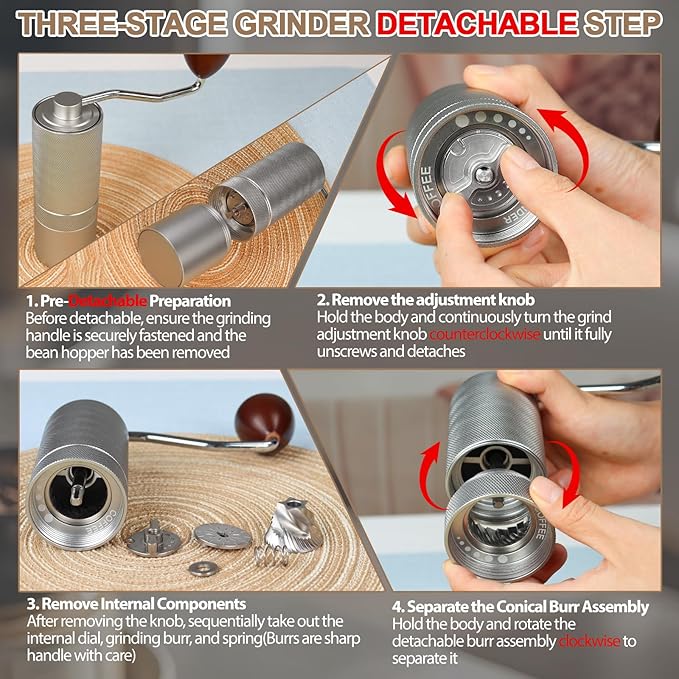 Detachable Manual Coffee Grinder with 25 Level Stainless Steel Conical Burr Portable Aluminum Coffee Bean Grinder Grinder Gift Set Suitable for Moka Pot Espresso Pour Over Easy Cleaning with Brush