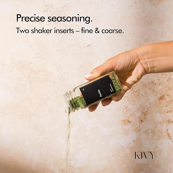 KIVY Glass Spice jars with Label & Shaker Lids [24x 4oz] Airtight Seasoning Containers for Cabinet & Drawer - Empty Spice Bottles - Spice containers with labels - Black spice jars with black lids