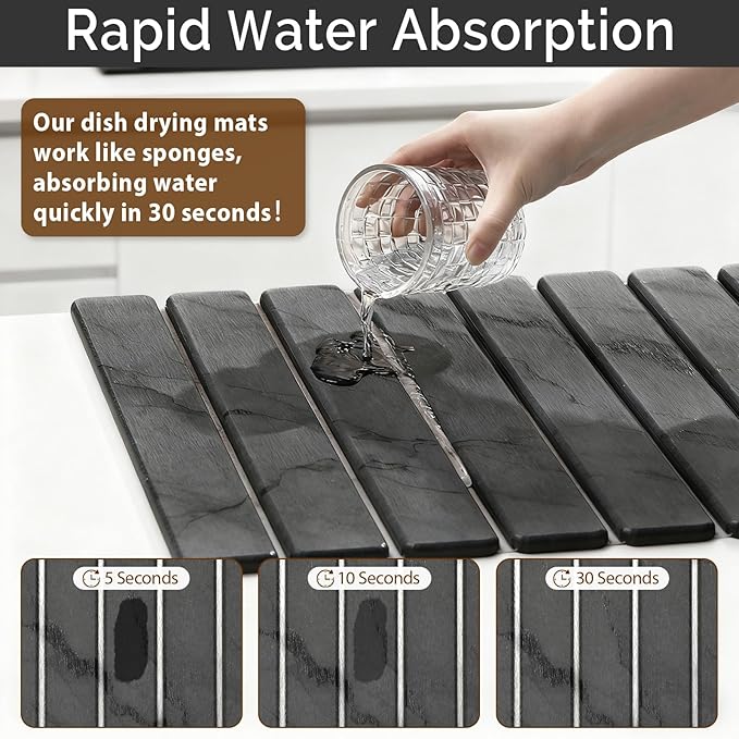 Large Stone Dish Drying Mat for Kitchen Counter, Quick Dry Stone Dishes Mats, Foldable Water Absorbing Diatomaceous Drying Pad for Countertop Bottles Utensils Cups Bathroom (Dark Gray 24"x16")