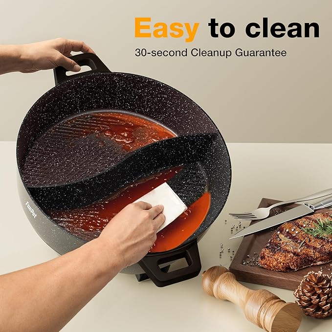 6L Electric Hot Pot with S-Shape Dual-Divider, Smart Temperature Control, 5 Heat Settings, 1350W Fast Boiling, Diamond Nonstick Pot (Black Hollow Handles)