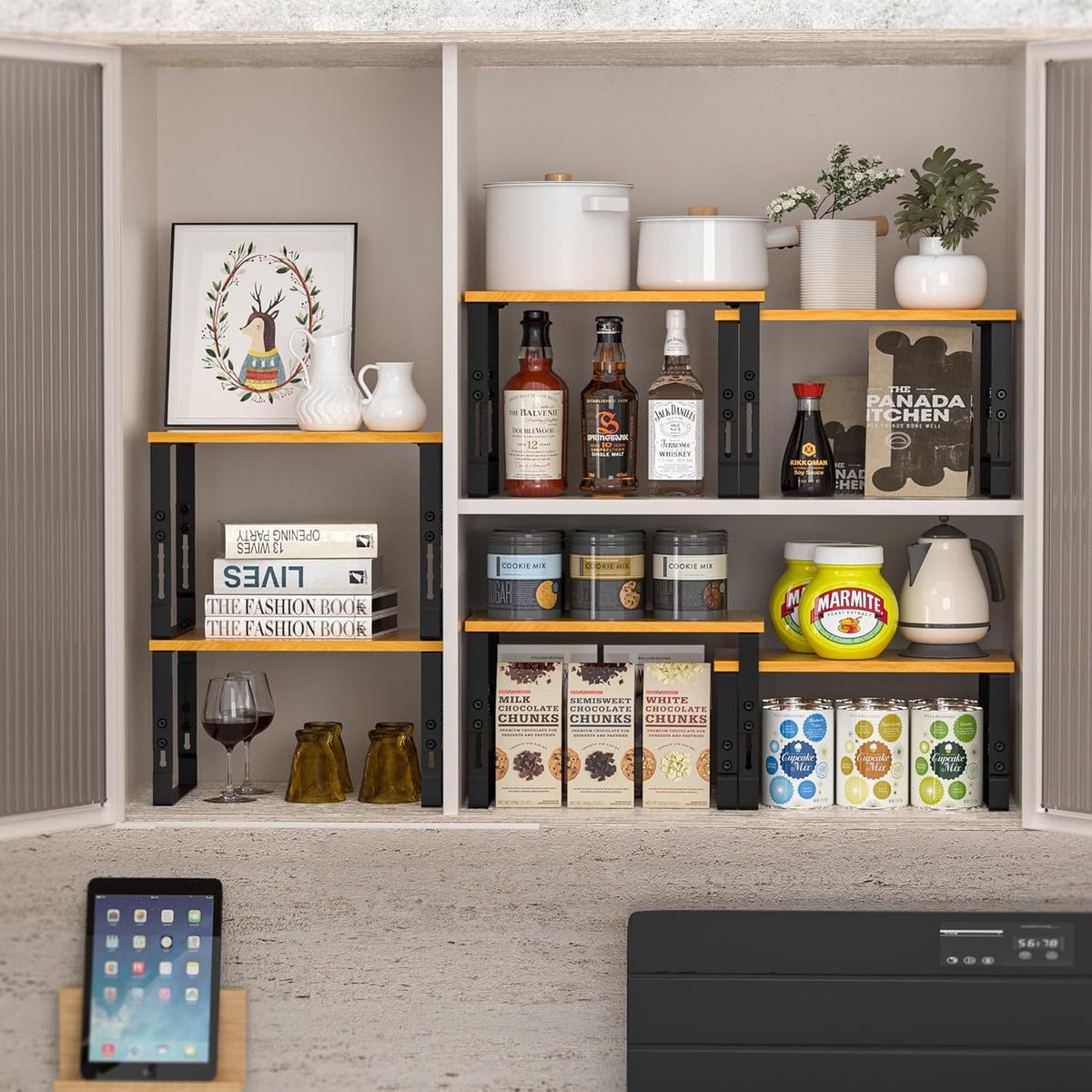 Expandable Kitchen Cabinet Organizer Shelves – Stackable Adjustable Metal and Wood Storage Racks for Countertop, Pantry, Garage Set of 2 Spice Rack – Easy Assembly, Space-Saving(1 Pack/Medium/Black)