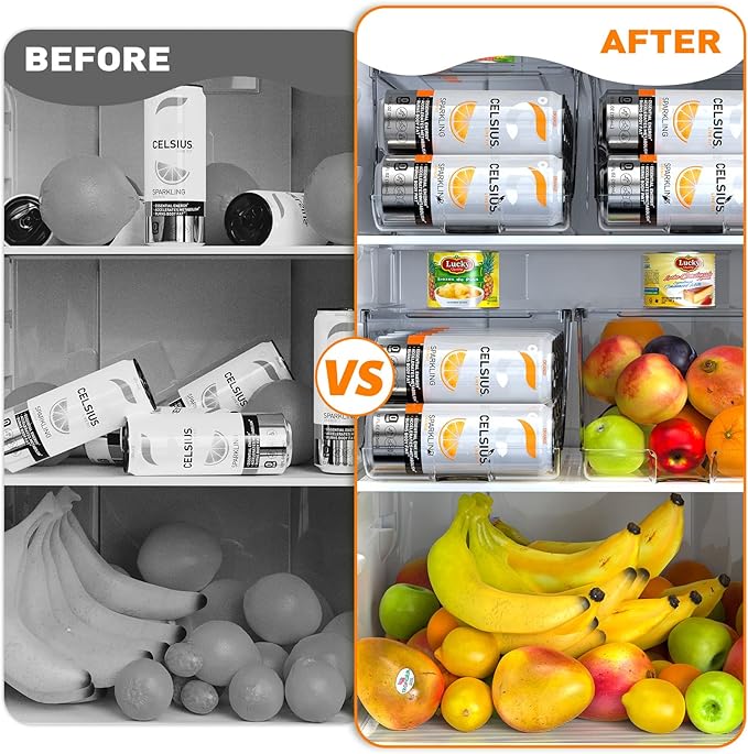 SCAVATA 2 Pack Skinny Can Organizer for Refrigerator, Stackable Tall Skinny Soda Pop Can Holder Dispenser with Lid for Fridge Pantry Rack Freezer, Clear Plastic Storage Bins-Holds 12 Slim Cans Each