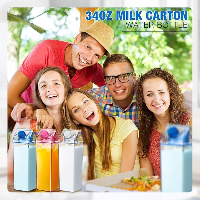 Remerry 3 Pcs Milk Carton Water Bottle Square Plastic Coffee Portable Reusable Milk Carton Cup Leakproof Juice Bottle