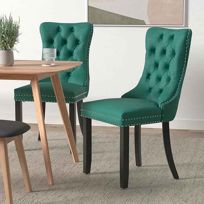 Green Velvet Dining Chairs Set of 6, Upholstered Dining Room Chairs with Back Ring Pull Trim and Solid Wood Legs, Tufted Wingback Kitchen Chairs for Dining Room,Living Room,Kitchen(Green)