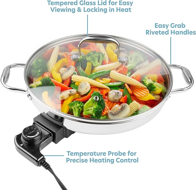 Electric Skillet By CucinaPro- 18/10 Stainless Steel, Frying Pan w Non Stick Interior, Tempered Glass Lid w Handles, 12" Round, Temperature Control Probe for Adjustable Heat Settings, Portable, Gift
