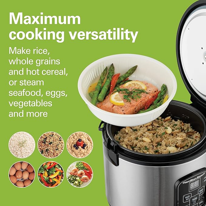 Hamilton Beach Slow Cooker & Digital Programmable Rice Cooker & Food Steamer, 8 Cups Cooked (4 Uncooked), With Steam & Rinse Basket, Stainless Steel (37518)