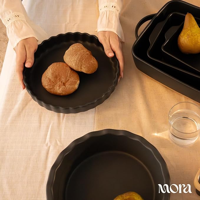 MORA Ceramic Tart Pan, 9.5 Inch Large Porcelain Baking Dish for Tarts, Quiche, Pie, Flan etc. Fluted Ruffled Edge, Oven, Microwave, Freezer, and Dishwasher safe - Great Gift For Bakers - Liquorice