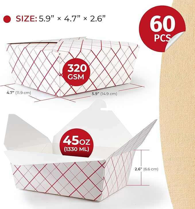 Take Out Boxes (60 Pack) 45oz White - Cardboard Paper Togo Chinese - Takeout Storage Containers -Biodegradable Eco To Go Food Containers For Restaurants Catering