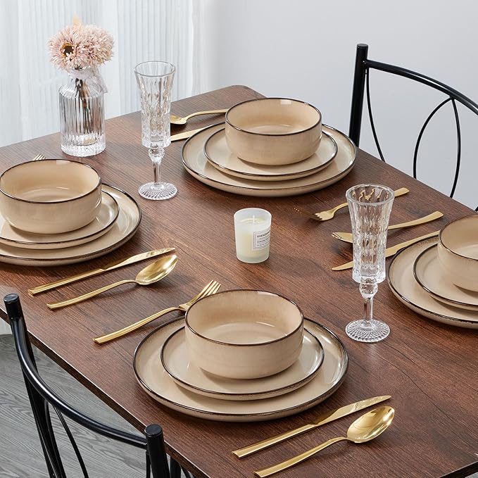 E-far 24-Piece Plates and Bowls Set, Stoneware Dinnerware Sets for 8, Reactive Glaze Ceramic Dinning Ware Dishes, Microwave & Dishwasher Safe - Sandy Beige