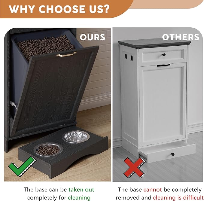 NEWOWNDS Tilt Out Trash Can Cabinet 10 Gallon Hidden Trash Garbage Can Cabinet with Drawer,Pet Proof Hidden Garbage for Kitchen,Laundry Bathroom (Black - with Feeding Bowls, Single Door)