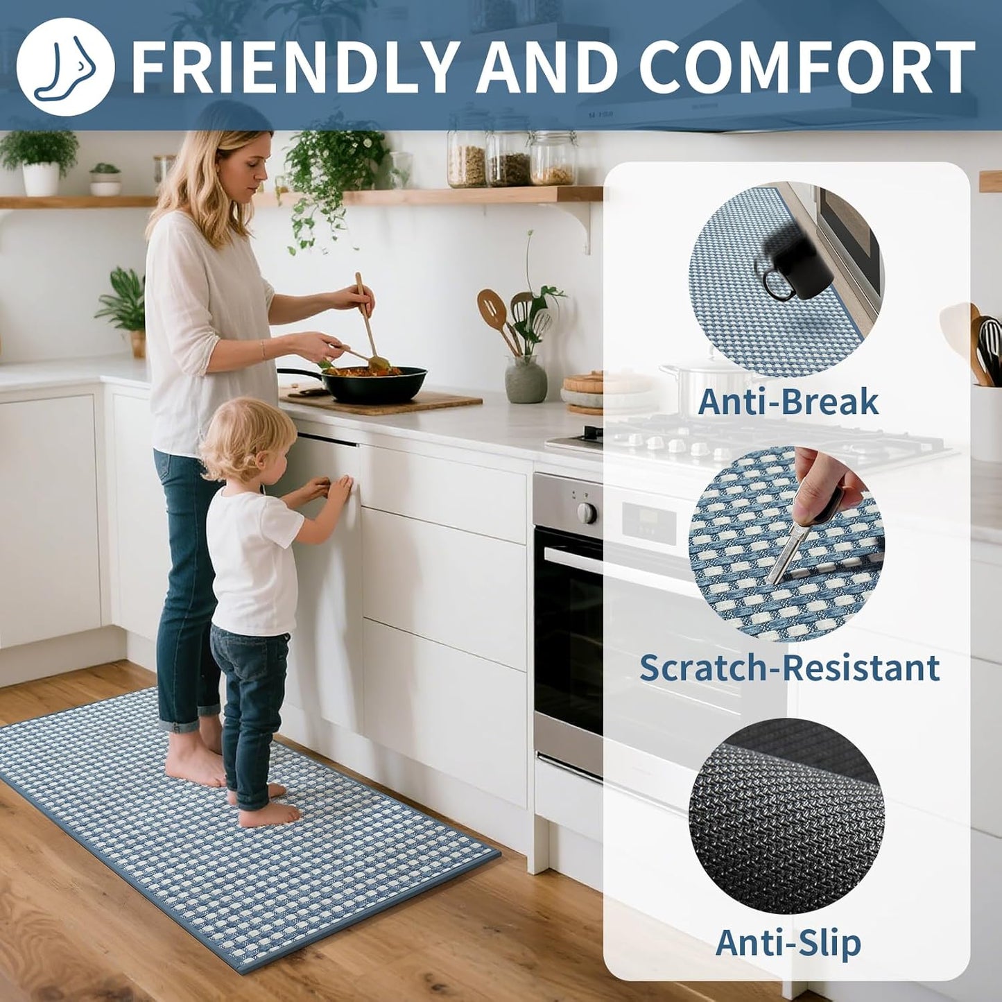 Long Kitchen Runner Rugs Kitchen Mat Non Slip Washable, Super Absorbent Soft Chenille Braided Kitchen Mats for Floor, Rubber Backing Kitchen Floor Sink Standing Mat, Easy Clean, Blue 24"x71"