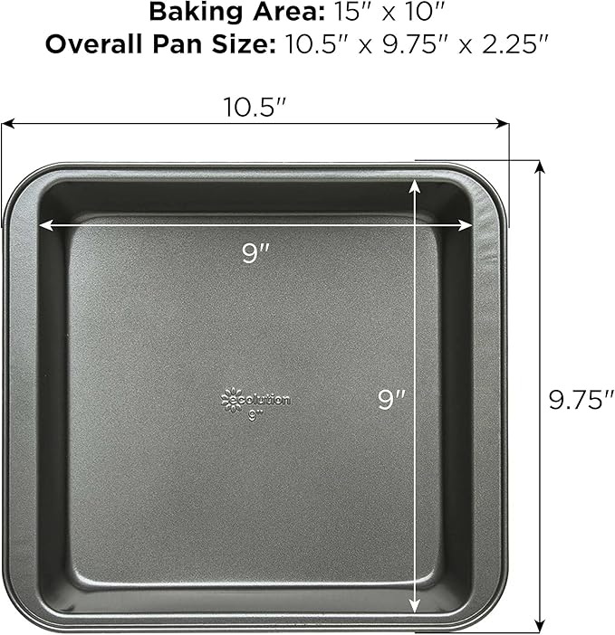 Ecolution Bakeins Square Cake Baking Pan – PFOA, BPA, and PTFE Free Non-Stick Coating – Heavy Duty Carbon Steel – Dishwasher Safe – Gray – 9” x 9” x 2”