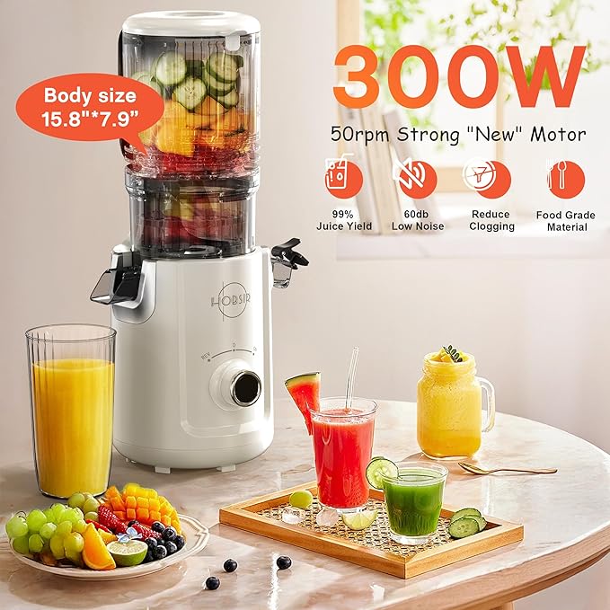Hobsir Juicer Machines, 5.3-Inch Cold Press Juicers, Masticating Slow Juicer Machines with 300W, Large Feed Chute Juice Machines for Vegetables and Fruits, Easy to Clean Juicers, White