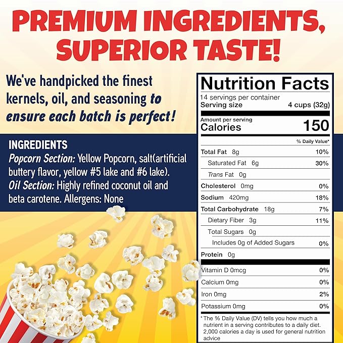 Premium America Popcorn Kit, 18 Packs for a 12oz Popper, Movie Theater & Popcorn Machine Kernels, Oil & Seasoning Packet, Bulk All in One