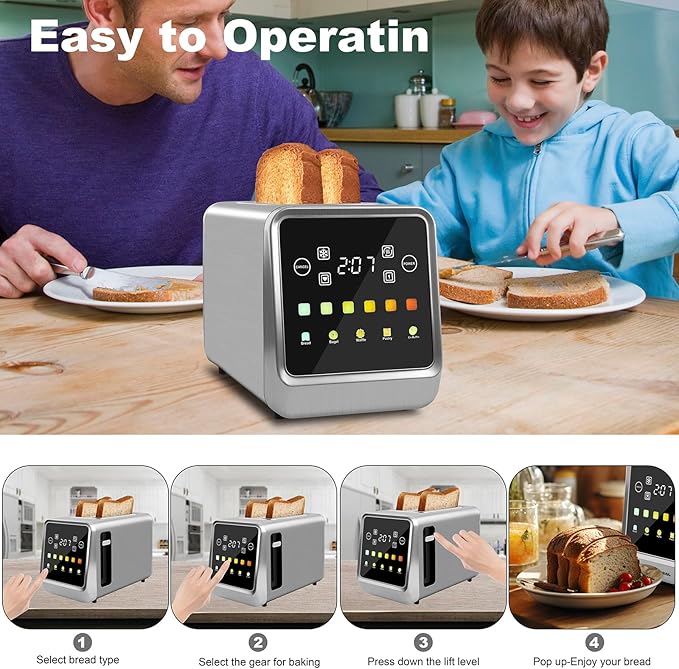 Touch Screen Toaster 2 Slice, Bagel Toasters with LCD Display, Stainless Steel Smart Digital Toasters with Single Slot Toasting,Extra Wide Slots Toaster with Memory/Bagel/Defrost/Reheat Functions