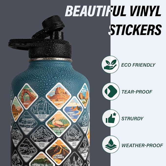 DYSANKY National Parks Water Bottle – 64 oz Insulated Stainless Steel Bottle with 63 Hand-Drawn Park Stickers, Carrier Bag, Strap & Gift Box – BPA-Free – Ideal for Hiking, Camping & Travel