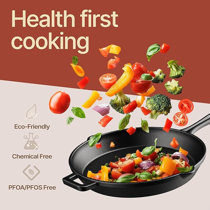 Bakken Pre Seasoned Cast Iron Skillet with Glass Lid & Silicone Handle,12" Frying Pan for Stove, Oven, Grill & Induction, Even Heat Distribution, Versatile All-Purpose Cookware for Searing & Frying