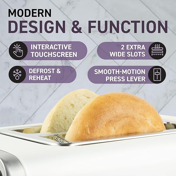 Inspirex Touch Screen Toaster - 2 Extra Wide Slots - 5 Bread Types and 6 Browning Levels - Defrost, Reheat, Favorite, & Single Slot Modes - For Toast, Bagels, & Waffles – White
