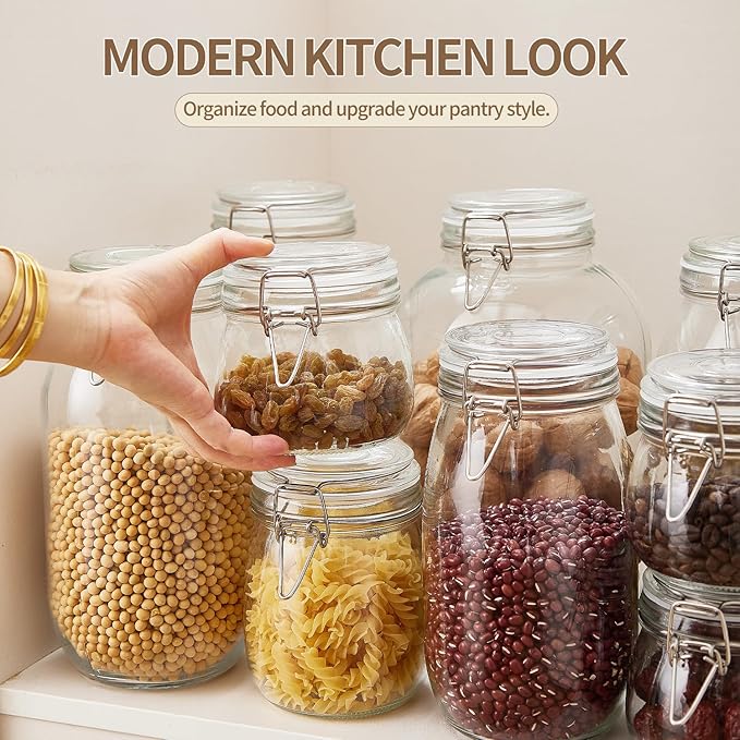 1 Gallon Glass Food Storage Jars with Airtight Lids, Set of 2 – Clear Preserving Seal Wire Clip Fastening Canisters for Kitchen Canning, Flour, Cereal, Pasta, Sugar, Beans, Pickling Jars (1gallon*2)