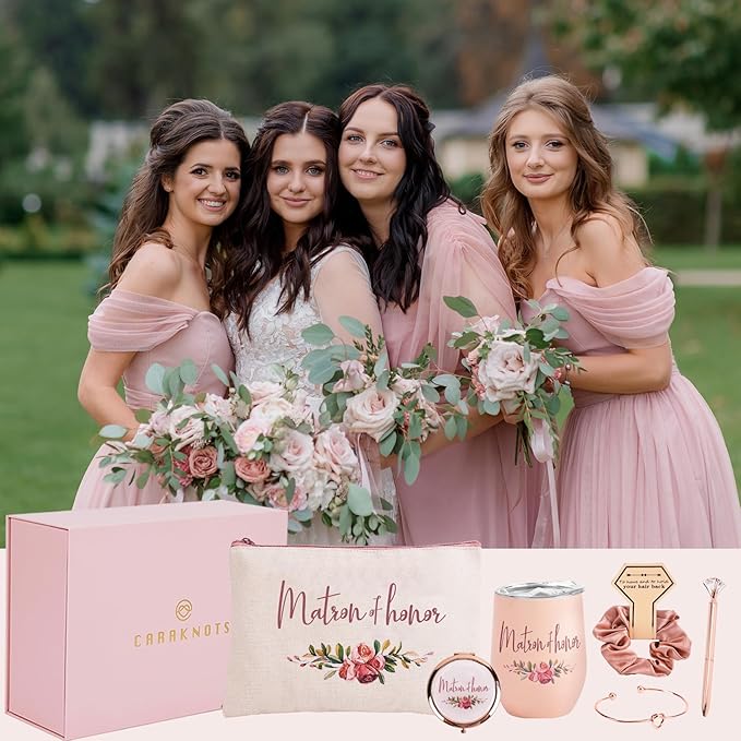 CARAKNOTS Matron of Honor Proposal Gift Box Set, Will You Be My Matron of Honor Gift, Pink Ready to Gift Bridesmaid Box with 12 oz Stainless Steel Tumbler, Bridal Party Bachelorette Wedding Favor