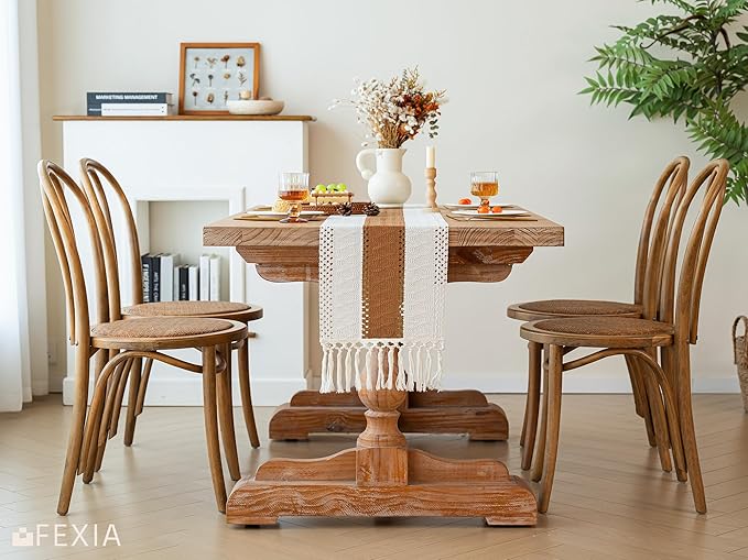 FEXIA Boho Table Runner with Tassels 12x72 Inches for Home Decor Farmhouse Rustic Macrame Hollow-Out Table Decoration for Living Room and Dining Room, Reddish Brown