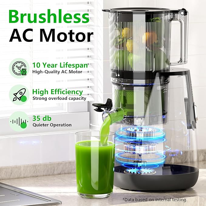 Cold Press Juicer, 6" Extra Large Feed Chute Slow Masticating Juicer Machines, Powerful AC Brushless Motor, Self Precut System, Juicer Machines with BPA-Free, Extra one Replace juicer strainer