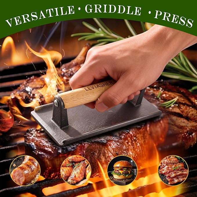 2.2 lb Handheld Heavy Duty Cast Iron Grill Press, 7.8X3.9 inch Rectangle Burger Press with Wood Handle for Blackstone, Griddle, Chef, Camp, Panini, Vegetable, Bacon, Sandwich, BBQ, 2 Pack