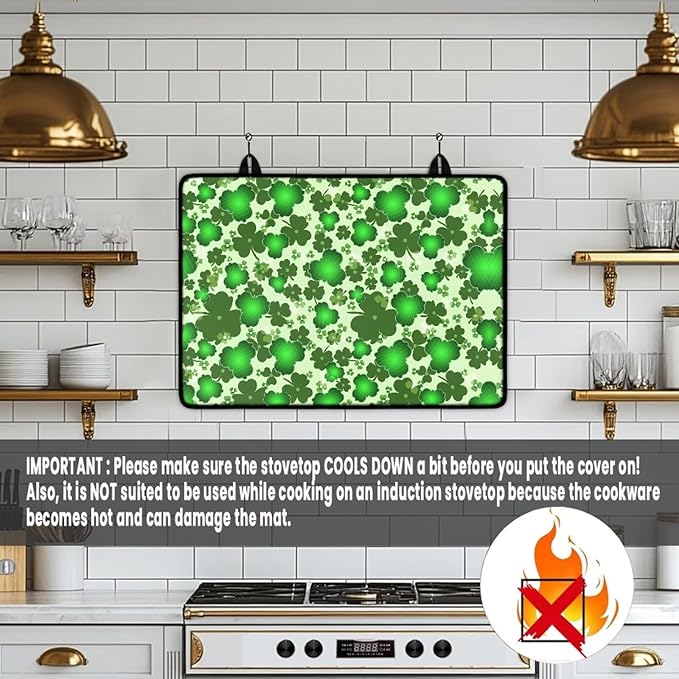 Green Leaf Stove Top Covers Glass Stovetop Cover Protector St.Patrick's Day Heat Resistant Glass Stove Cover Protector Cooktop Covers
