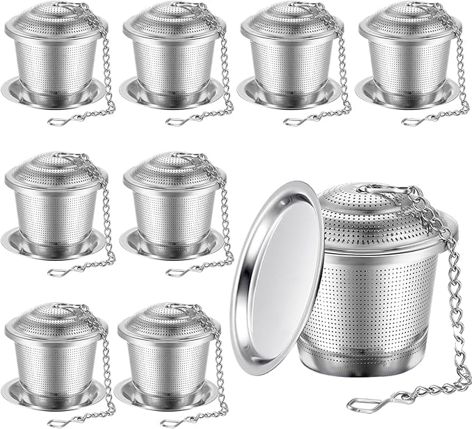 Zopeal 9 Pcs Tea Infuser Stainless Steel Strainer with Extended Chain Hook and Saucer Loose Leaf Steeper Fine Mesh Ball Tea Filter for Brew Spices Seasonings Fits Cup Mug Bottle (Small)