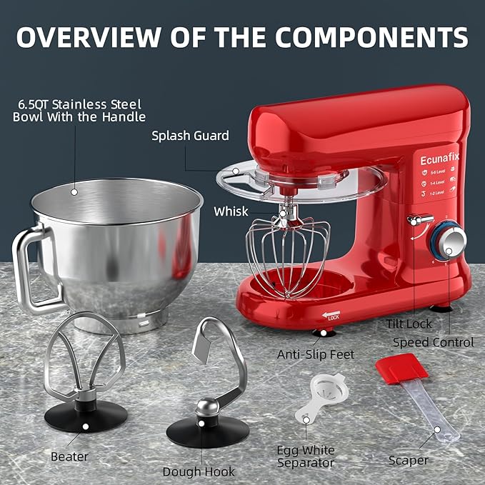 Kitchen Stand Mixer, 6.5Qt Household Stand Mixers, 660W 6+P Speed Tilt-Head Electric Dough Mixer, Food Mixers for Daily Use with Dough Hooks, Whisk, Beater