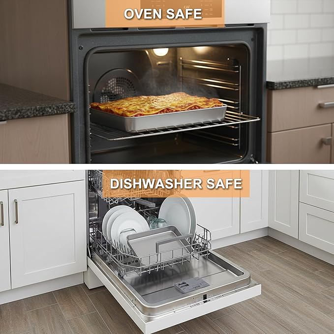 E-far Toaster Oven Baking Pan with Lid, 10.4”x 8”x 2” Stainless Steel Rectangle Sheet Cake Pans with Covers, Small Bakeware for Cakes Brownies Casseroles, Non-toxic & Dishwasher Safe -Set of 2