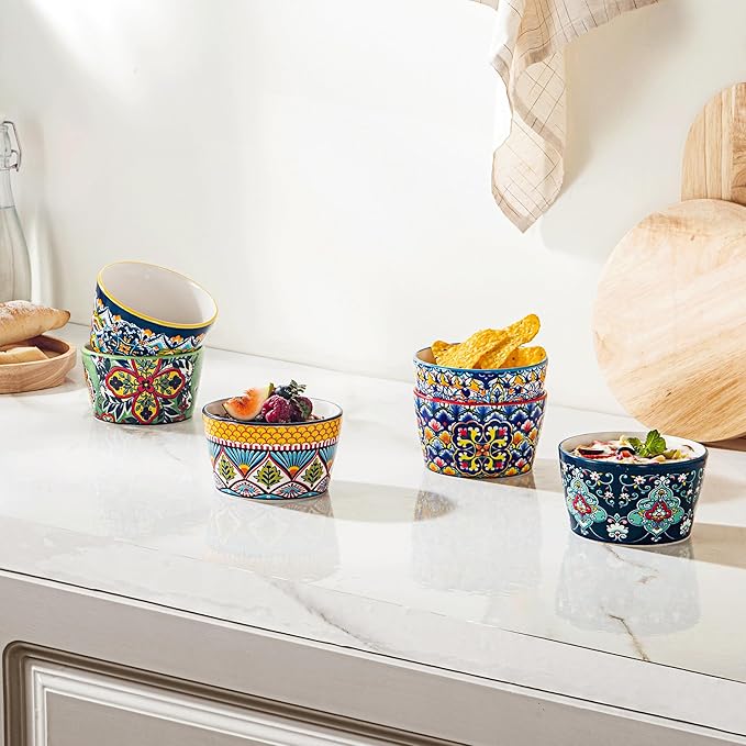 8 oz Ramekins Oven-Safe – Baking Cups for Creme Brulee, Puddings, Souffles, Custards, Ice Cream & Dips – Ceramic Single-Serve Bowls Set of 6, Bohemian Style