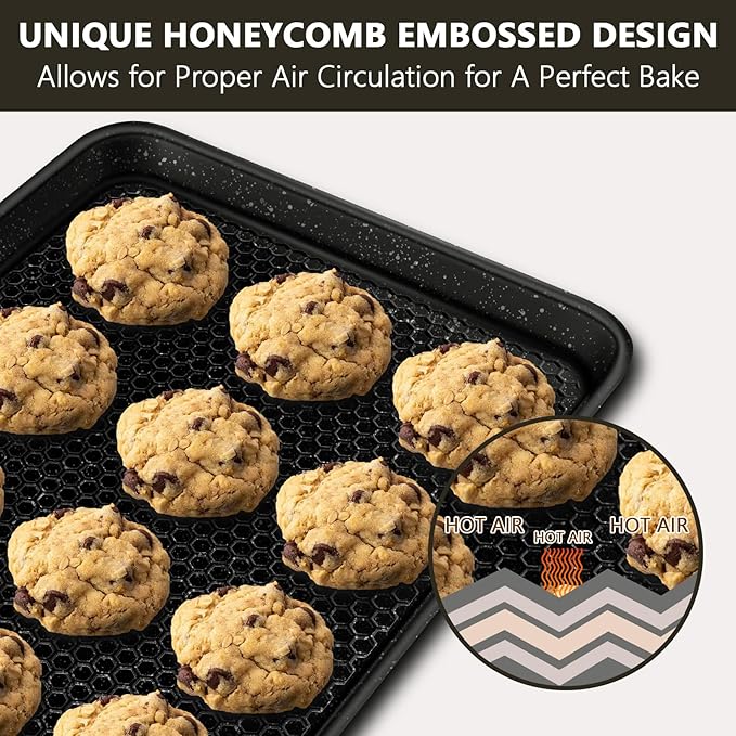 Wildone 2 Pack Half Sheet Baking Pans, Honeycomb Embossed Nonstick Baking Sheet 17.5x12 In, Thicker Carbon Steel Cookie Sheet, Even Heating & Warp Resistant, Black