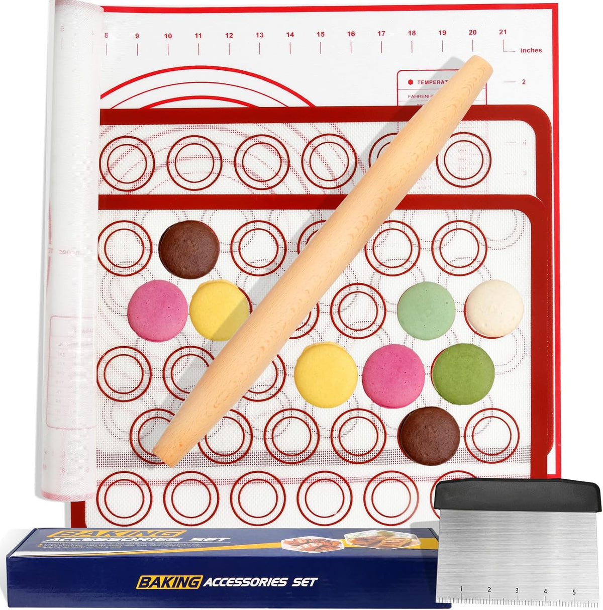 Silicone Baking Mat Sets, Dough Mat with Macaron Baking Mat Pastry Cutter Rolling Pin,Food Safe Pastry Mat, Reusable Cookie Sheets Liner