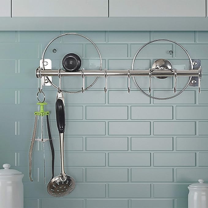 Dseap Pot Rack - Pots and Pans Hanging Rack Rail with 8 Hooks, Double Bars, Pot Hangers for Kitchen, Wall Mounted, Chromed, Pack of 2