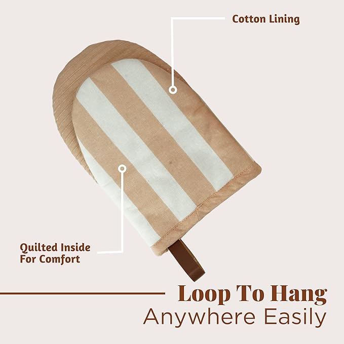 Folkulture Oven Mitts - Set of 2 (5.75x9) | Oven Mitts with Hanging Loop for Cooking Gifts for Women, Kitchen Decor| 100% Cotton, Silicone Heat Resistant Mini Mitts for Mom (Latte)