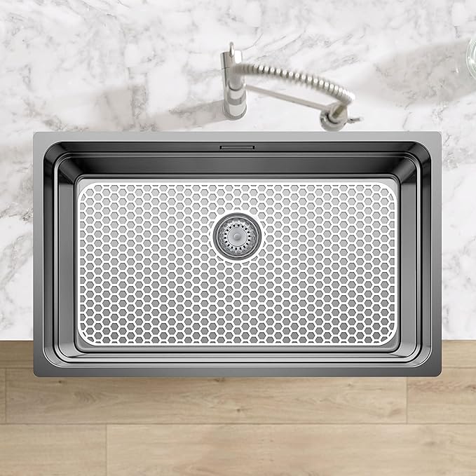 Bestjing Silicone Sink Protectors for Kitchen Sink with Rear Drain - 29.7"x 15.5" Kitchen Protector Accessory, Non-Slip Heat Resistan Mat for Bottom of Farmhouse Stainless Steel Porcelain (White)