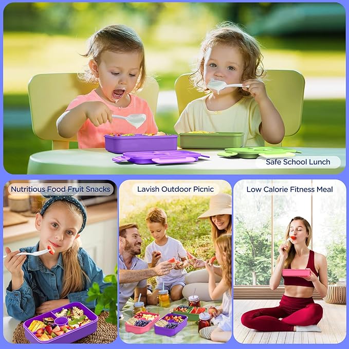 DaCool Lunch Box Kids Bento Box 7.5 Cups with 4-Compartment Leakproof BPA Free Toddler Girls Lunch Containers with Fork Spoon for Meal Snack School Picnic Travel, Microwave Dishwasher Safe, Purple